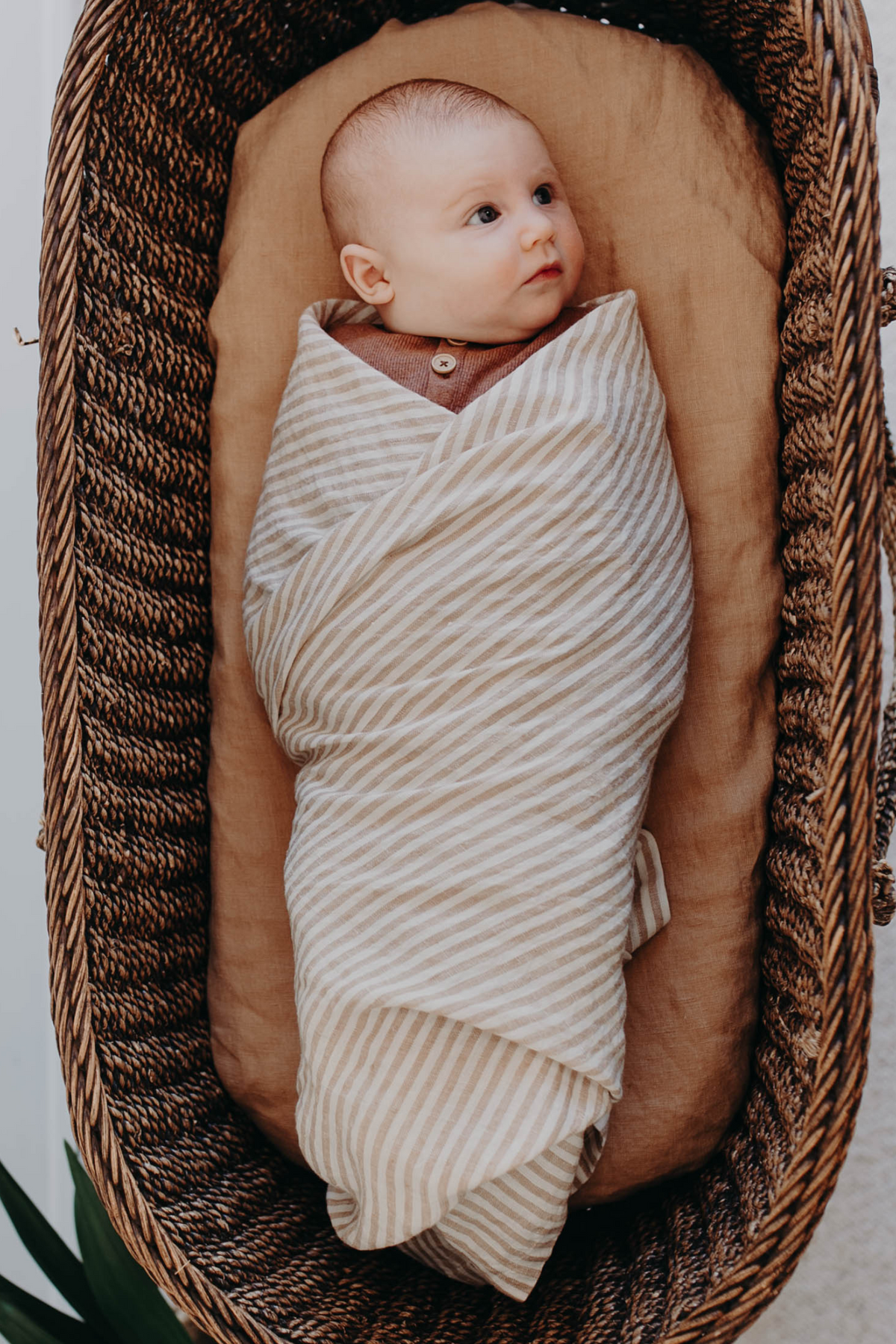 Newborn swaddled in the Burleigh stripe linen swaddle, resting in a woven bassinet