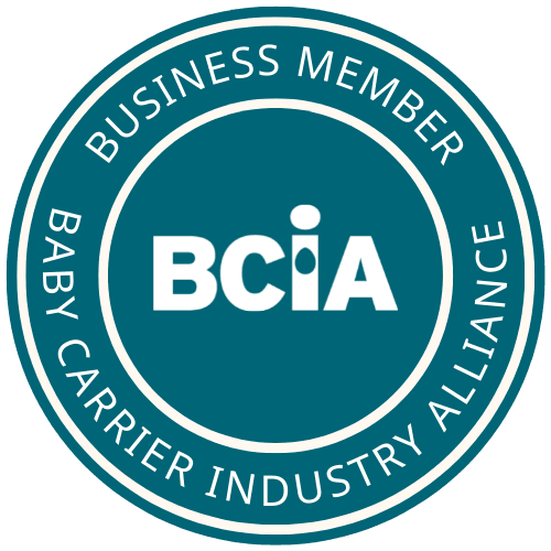 A circular teal and white seal reading 'BUSINESS MEMBER BCiA BABY CARRIER INDUSTRY ALLIANCE' on a plain white background.