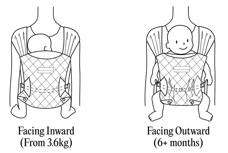Line drawings of the two Daily baby carrier positions: facing inward from 3.6kg, and facing outward from six months.