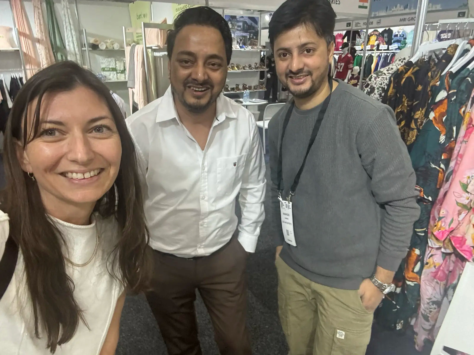 Mumma Etcetera meeting two of the weaving partners who make the linen, at a textile trade fair in India