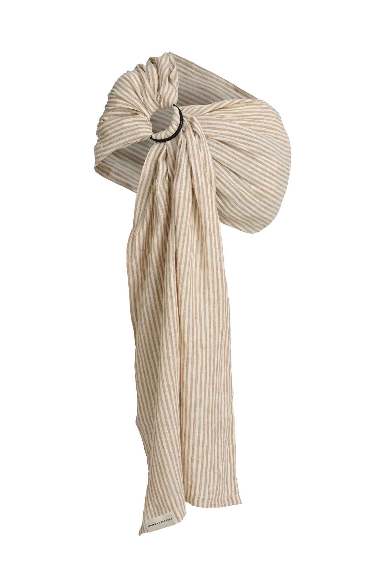 The Burleigh stripe Sling baby carrier in tan and cream, a ring sling shaped over the shoulder
