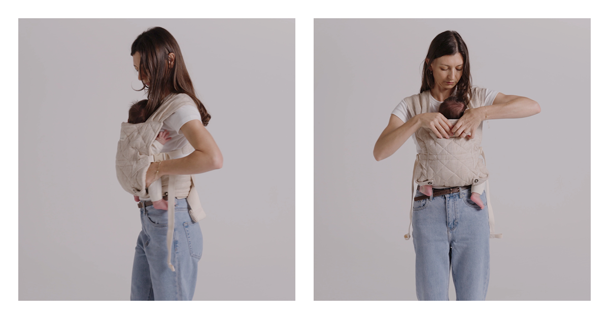 Mum reaching inside the Daily baby carrier to scoop her newborn's pelvis and adjust the headrest so their ear stays clear