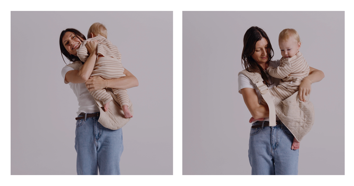 Mum lifting her toddler onto her hip and onto the quilted linen seat of the Hipsy carrier