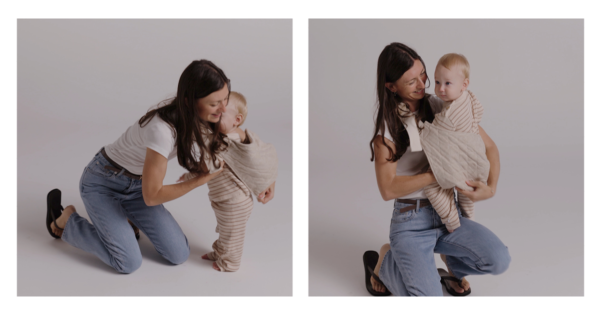 Mum kneeling to wrap the Hipsy carrier seat around her standing toddler, then lifting him onto her hip