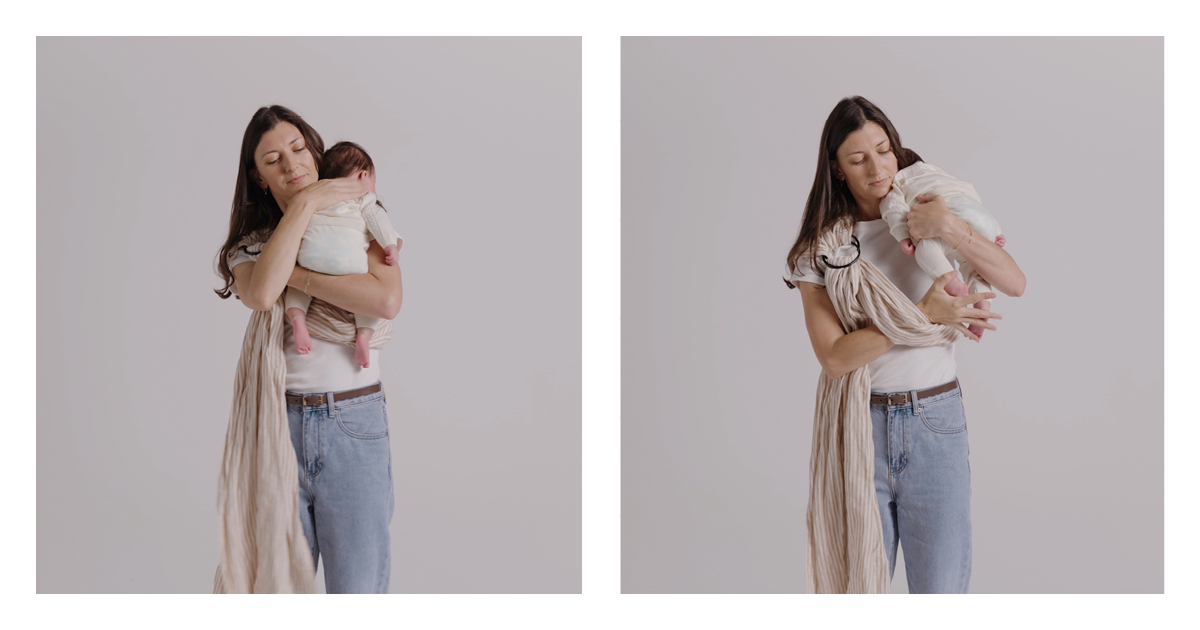 Mum holding her newborn against her chest and lowering her into the open pouch of the linen Sling Carrier