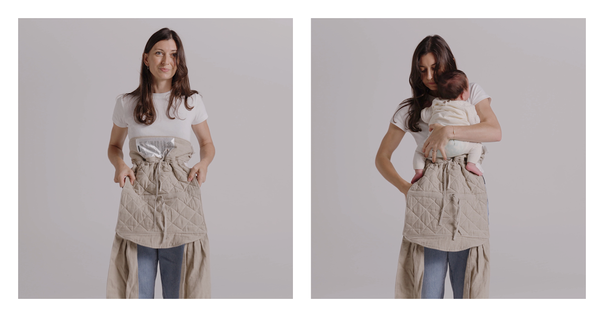 The Wrap Carrier panel sitting apron-style at the waist, then mum lifting her newborn to her chest