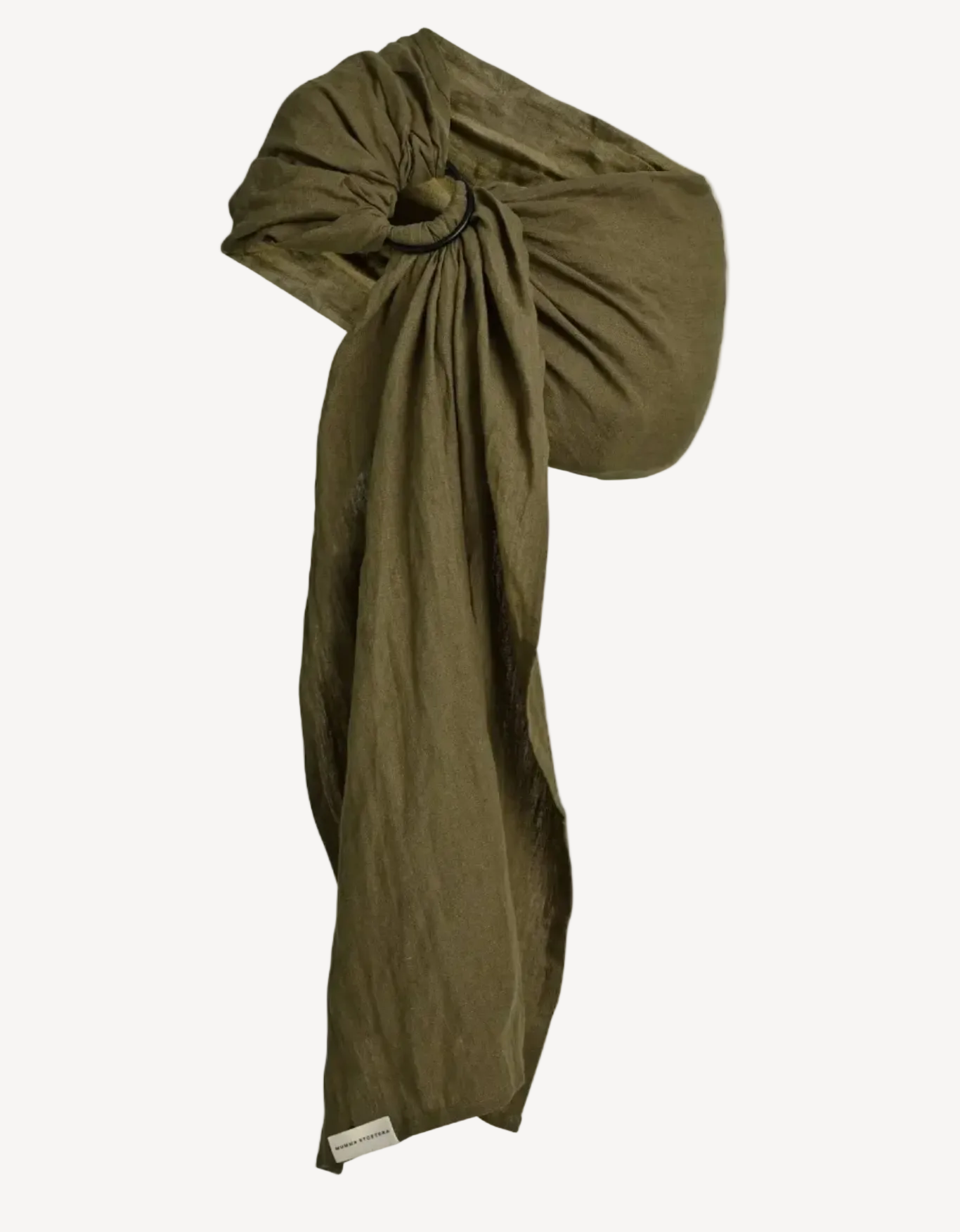 The Aloe linen Sling baby carrier, an olive green ring sling gathered through its ring with a long tail