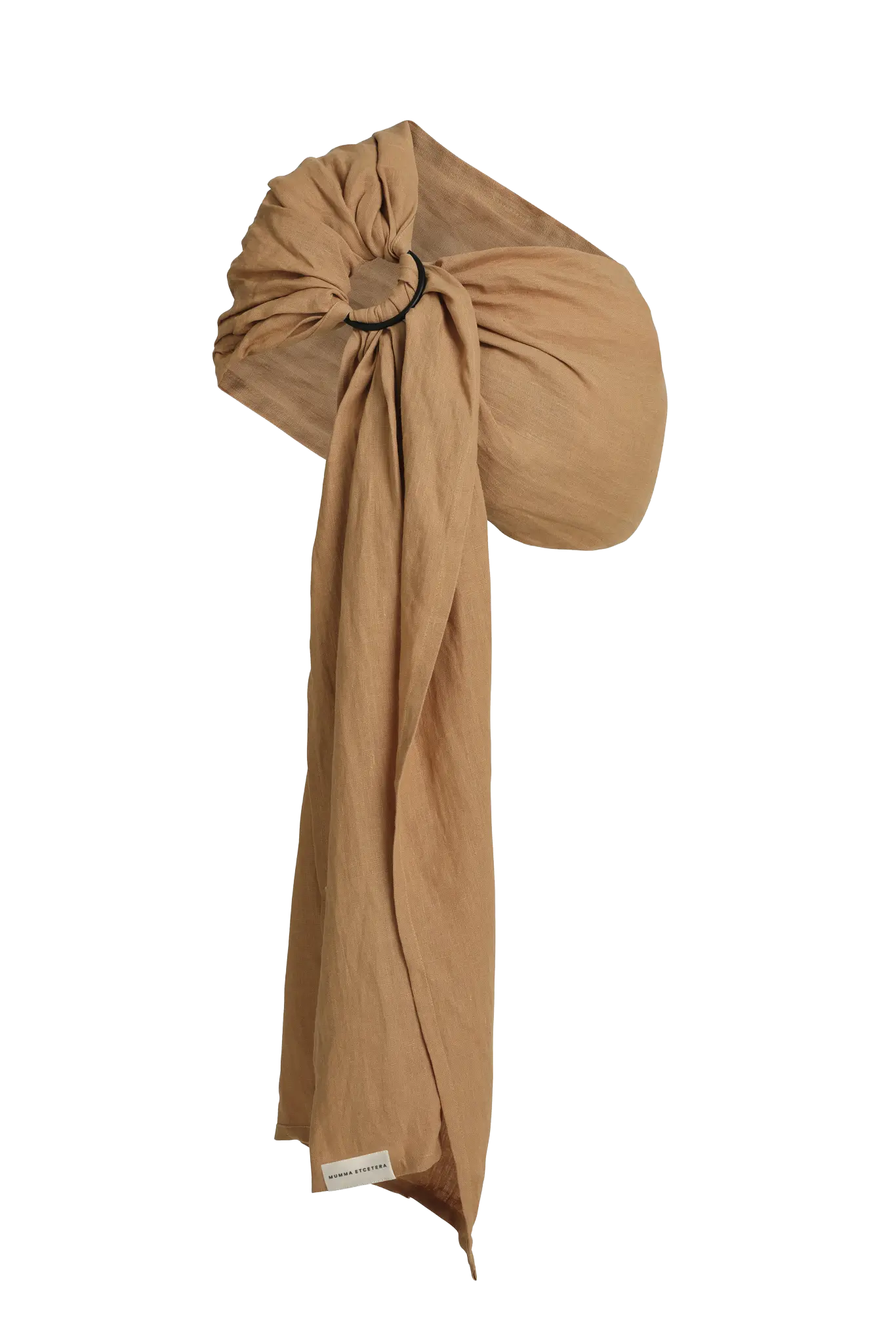 Warm camel Bondi linen Sling baby carrier, a ring sling with the fabric falling loose from the shoulder
