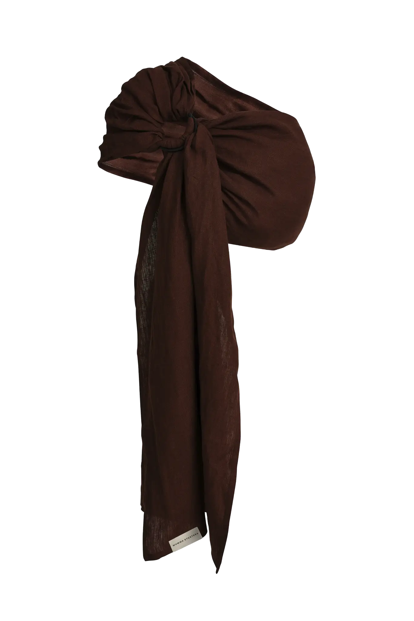 Rich chocolate Coco linen Sling baby carrier, a ring sling gathered at the shoulder and draping down