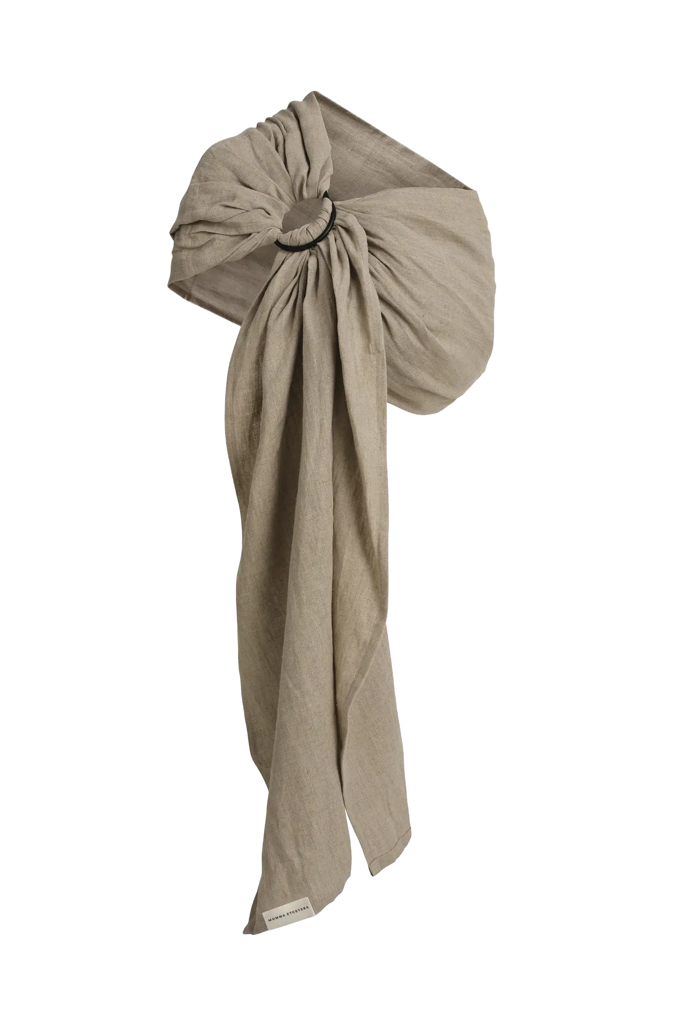 The Fleetwood linen Sling baby carrier in natural oatmeal, a ring sling with its ring set high