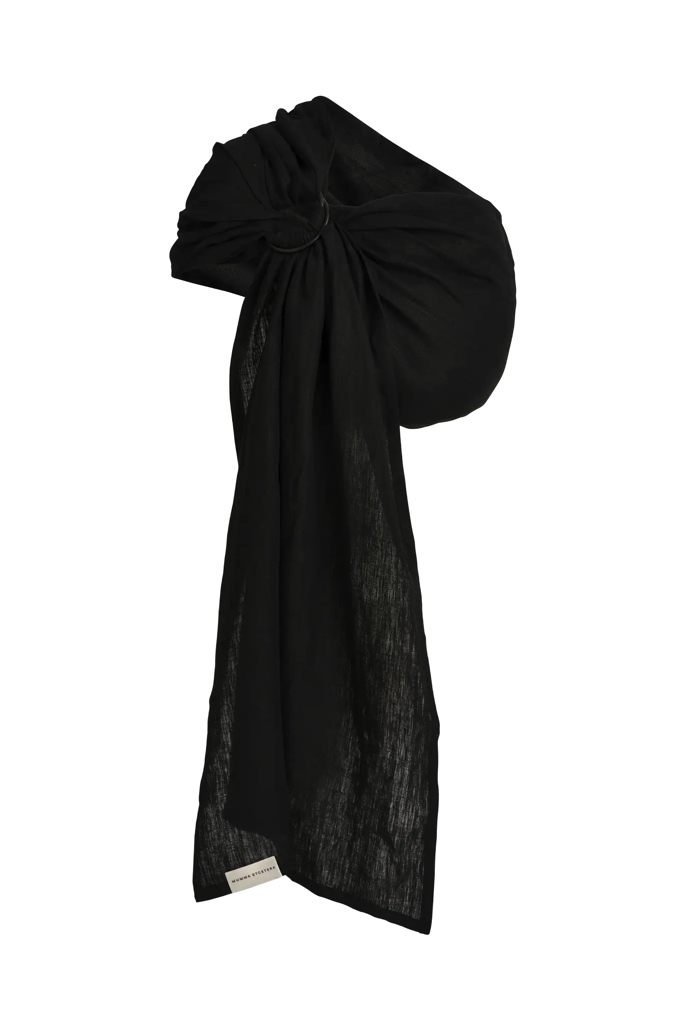 The Tao linen Sling baby carrier in black, a ring sling gathered through the ring with the tail below
